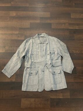 Light Blue Linen-Blend Utility Blazer with Belt